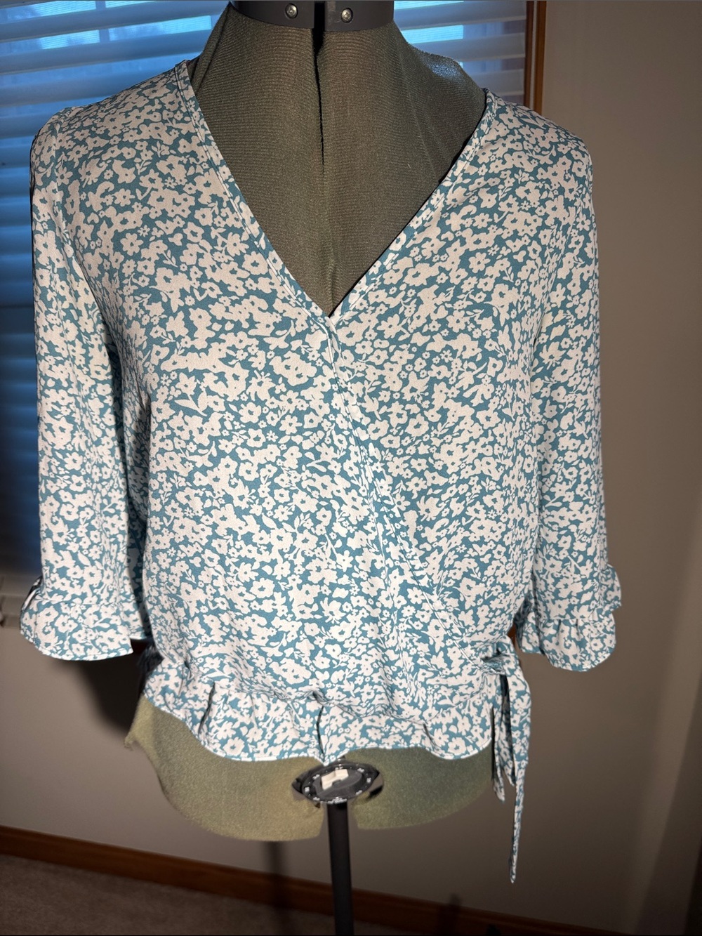 Sienna Sky Teal and White Floral Wrap Top with Waist Tie
